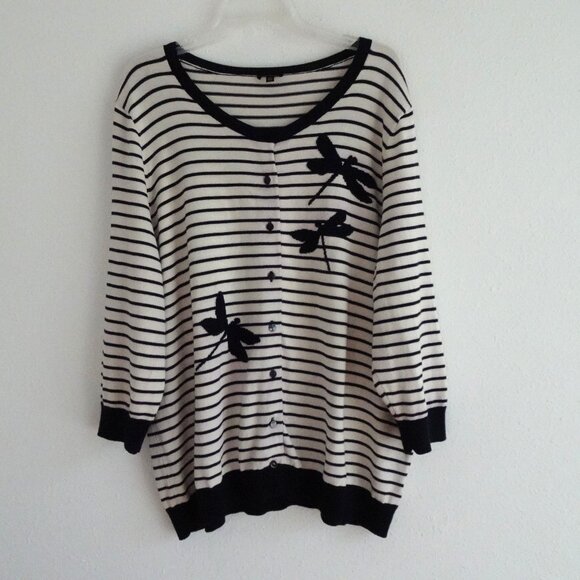 Talbots Dragonfly Cardigan Sweater Women's Plus Size 3X Black White Stripe - Picture 1 of 8